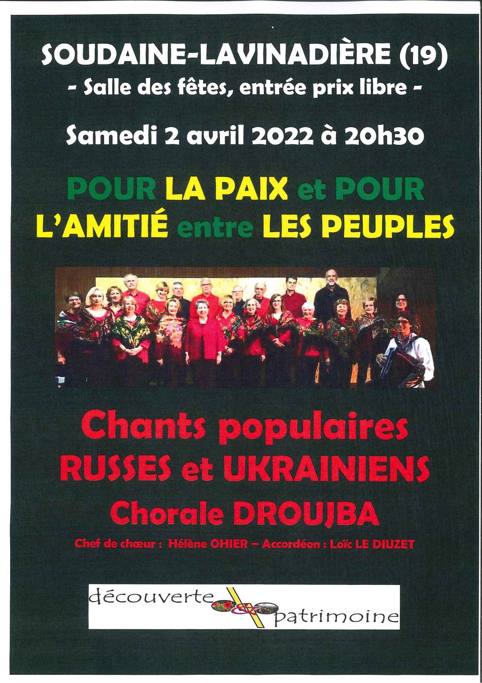 Affiche. Chants populaires russes et ukrainiens. Chorale Droujba (amitié franco-russe) de Limoges. Découverte & patrimoine. 2022-04-02